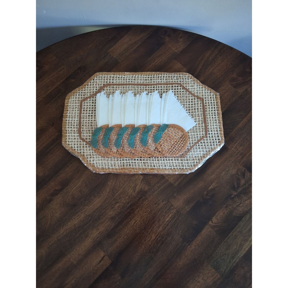 Vintage Woven Raffia Placemat Set with 6 Coasters and Napkins Natural Boho NEW